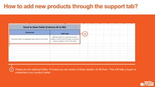 These are the optional fields. If incase you are aware of these details, do fill them. This will help a buyer to
understand your product better
15
How to add new products through the support tab?
15
 
