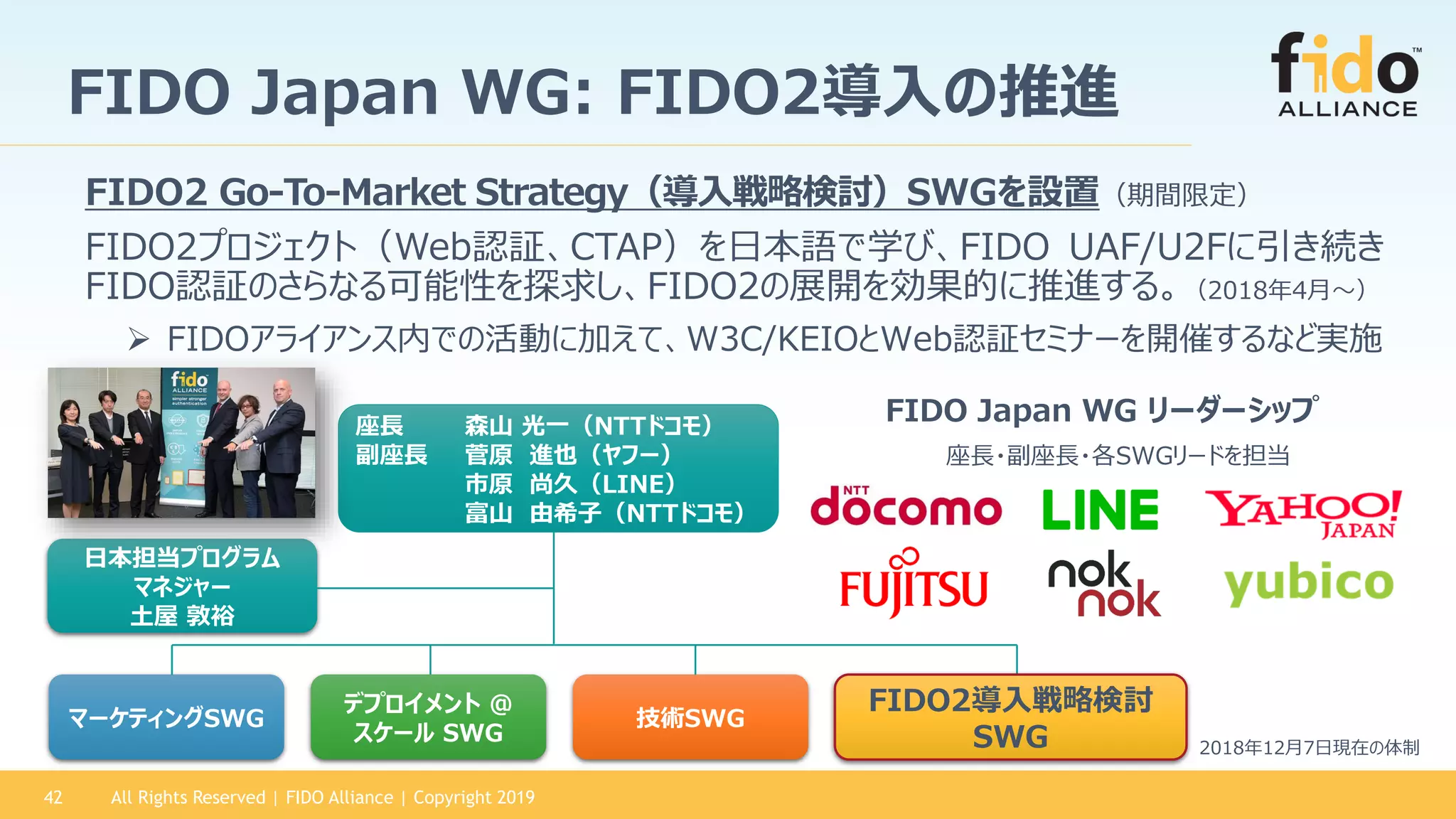 All Rights Reserved | FIDO Alliance | Copyright 201942
FIDO Japan WG: FIDO2導入の推進
FIDO2 Go-To-Market Strategy（導入戦略検討）SWGを設置（期間限定）
FIDO2プロジェクト（Web認証、CTAP）を日本語で学び、FIDO UAF/U2Fに引き続き
FIDO認証のさらなる可能性を探求し、FIDO2の展開を効果的に推進する。（2018年4月～）
➢ FIDOアライアンス内での活動に加えて、W3C/KEIOとWeb認証セミナーを開催するなど実施
FIDO Japan WG リーダーシップ
日本担当プログラム
マネジャー
土屋 敦裕
技術SWG
デプロイメント @
スケール SWG
マーケティングSWG
座長 森山 光一（NTTドコモ）
副座長 菅原 進也（ヤフー）
市原 尚久（LINE）
富山 由希子（NTTドコモ）
座長・副座長・各SWGリードを担当
FIDO2導入戦略検討
SWG 2018年12月7日現在の体制
 