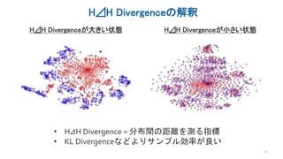 H⊿H Divergenceの解釈
8
H⊿H Divergenceが大きい状態 H⊿H Divergenceが小さい状態
• H⊿H Divergence = 分布間の距離を測る指標
• KL Divergenceなどよりサンプル効率が良い
 