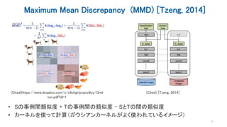 Maximum Mean Discrepancy (MMD) [Tzeng, 2014]
• Sの事例間類似度 + Tの事例間の類似度 - SとTの間の類似度
• カーネルを使って計算（ガウシアンカーネルがよく使われているイメージ）
(Cite...