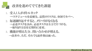 改善を進めてでてきた課題
1. 受入1人がボトルネック
→スケジュールを最優先。品質のリスクは、体制でカバー。
2. 毎週繰り返すすると、メリハリがなくなる
→必達タスクを決め、必達タスクは全力で片づける。
→振り返り方法を定期的に変更。
3. 機能が増えた分、問い合わせが増える。
→改善中。ただ、それでも総件数は減った。
 