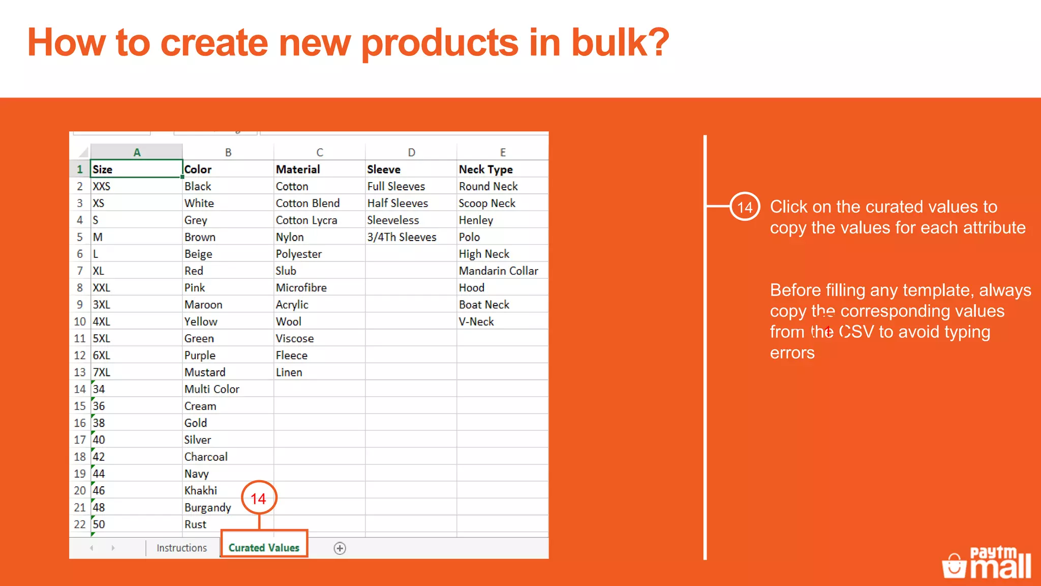 Click on the curated values to
copy the values for each attribute
Before filling any template, always
copy the corresponding values
from the CSV to avoid typing
errors
1
14
14
How to create new products in bulk?
 