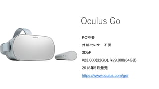 Oculus Go
PC不要
外部センサー不要
3DoF
¥23,800(32GB), ¥29,800(64GB)
2018年5月発売
https://www.oculus.com/go/
 