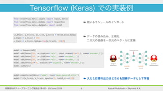 Kazuki Motohashi - Skymind K.K.実践者向けディープラーニング勉強会 第4回 - 19/June/2019 6
Tensorﬂow (Keras) での実装例
入力と目標の出力はどちらも訓練データとして学習
用いるモジュールのインポート
データの読み込み、正規化
  二次元の画像を一次元のベクトルに変換
 