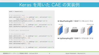 Kazuki Motohashi - Skymind K.K.実践者向けディープラーニング勉強会 第4回 - 19/June/2019 9
MaxPooling2D で画像サイズを小さくする
UpSampling2D で画像サイズを大きくする
Keras を用いた CAE の実装例
 