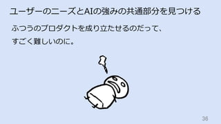 36	
ユーザーのニーズとAIの強みの共通部分を⾒つける
ふつうのプロダクトを成り⽴たせるのだって、
すごく難しいのに。
 