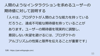 55	
⼈間のようなインタラクションを求めるユーザーの
期待値に対して説明する
「⼈々は、プロダクトが⼈間のような能⼒を持っている
 だろうと、達成不可能な期待値を持っていることが
 あります。ユーザーの期待値を現実的に調整し、
 意図しない失望を避けるには、プロダクトの
 アルゴリズムの性質と限界を伝えることが重要です」
引⽤：https://pair.withgoogle.com/
 