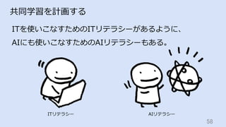 58	
共同学習を計画する
ITを使いこなすためのITリテラシーがあるように、
AIにも使いこなすためのAIリテラシーもある。
ITリテラシー AIリテラシー
 
