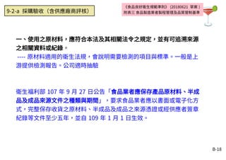B-18
一、使用之原材料，應符合本法及其相關法令之規定，並有可追溯來源
之相關資料或紀錄。
---- 原材料適用的衛生法規，會說明需要檢測的項目與標準。一般是上
游提供檢測報告。公司適時抽驗
衛生福利部 107 年 9 月 27 日公告「食品業者應保存產品原材料、半成
品及成品來源文件之種類與期間」，要求食品業者應以書面或電子化方
式，完整保存收貨之原材料、半成品及成品之來源憑證或經供應者簽章
紀錄等文件至少五年，並自 109 年 1 月 1 日生效。
《食品良好衛生規範準則》 (20180621 草案 )
附表三 食品製造業者製程管理及品質管制基準9-2-a 採購驗收（含供應廠商評核）
 