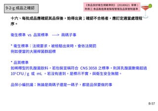 B-57
十六、每批成品應確認其品保後，始得出貨；確認不合格者，應訂定適當處理程
序。
衛生標準 vs 品質標準 ----> 兩碼子事
* 衛生標準：法規要求，被檢驗出來時，會依法開罰
例如便當的大腸桿菌群超標
* 品質標準
如稀釋型的乳酸菌飲料，若包裝宣稱符合 CNS 3058 之標準，則其乳酸菌數需超過
106
CFU / g 或 mL 。若沒有達到，是標示不實，與衛生安全無關。
品保小編抗議：無論是兩碼子還是一碼子，都是品保要做的事
《食品良好衛生規範準則》 (20180621 草案 )
附表三 食品製造業者製程管理及品質管制基準9-2-g 成品之確認
 