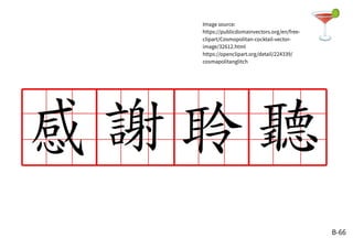 B-66
Image source:
https://publicdomainvectors.org/en/free-
clipart/Cosmopolitan-cocktail-vector-
image/32612.html
https://openclipart.org/detail/224339/
cosmapolitanglitch
 