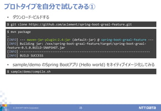 © 2019 NTT DATA Corporation 23
• ダウンロード・ビルドする
• sample/demo のSpring Bootアプリ (Hello world) をネイティブイメージ化してみる
プロトタイプを自分で試してみる①
$ git clone https://github.com/aclement/spring-boot-graal-feature.git
$ mvn package
…
[INFO] --- maven-jar-plugin:2.4:jar (default-jar) @ spring-boot-graal-feature ---
[INFO] Building jar: /xxx/spring-boot-graal-feature/target/spring-boot-graal-
feature-0.5.0.BUILD-SNAPSHOT.jar
[INFO] ------------------------------------------------------------------------
[INFO] BUILD SUCCESS
$ sample/demo/compile.sh
 