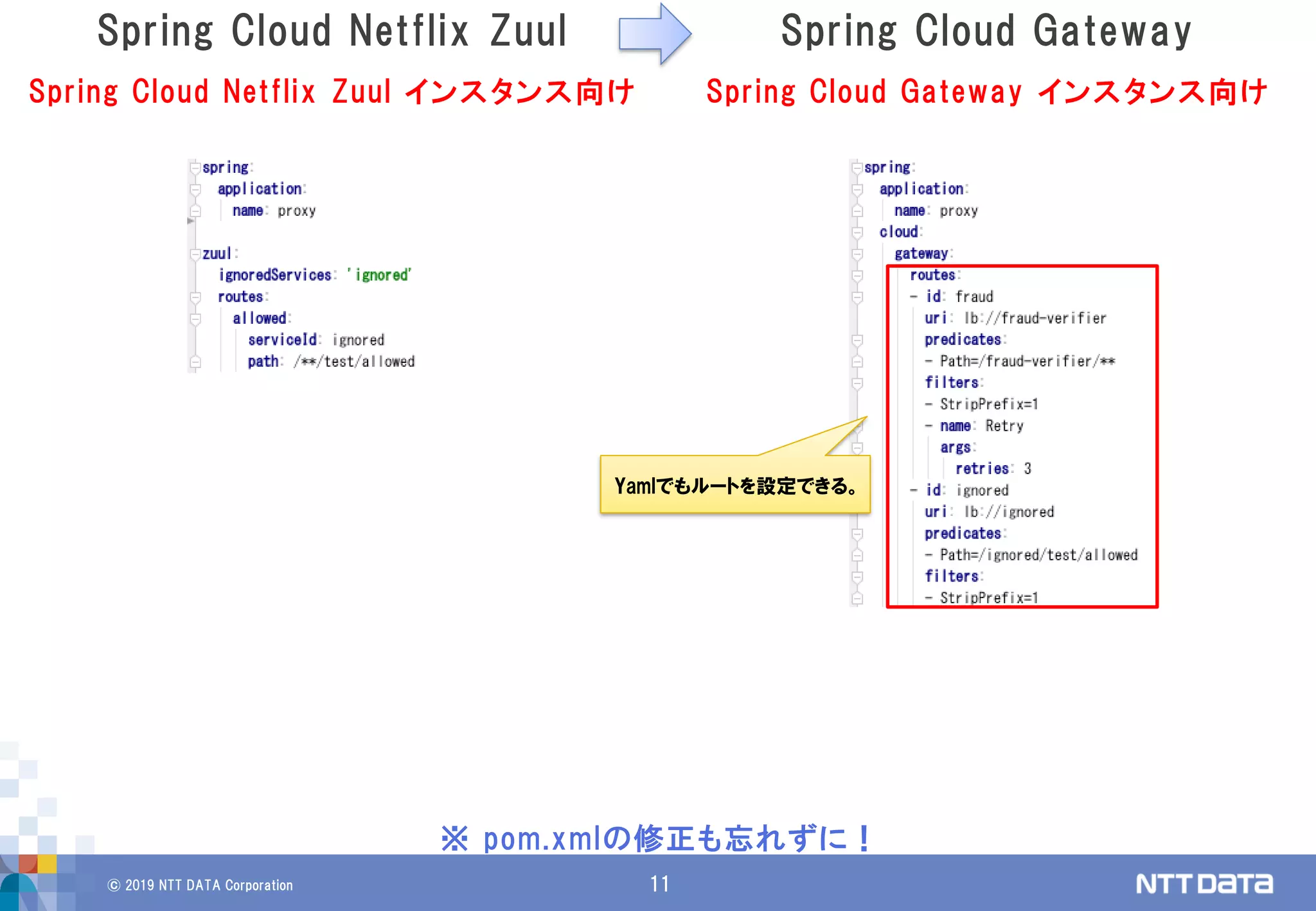 © 2019 NTT DATA Corporation 11
Yamlでもルートを設定できる。
Spring Cloud Netflix Zuul Spring Cloud Gateway
Spring Cloud Netflix Zuul インスタンス向け Spring Cloud Gateway インスタンス向け
※ pom.xmlの修正も忘れずに！
 
