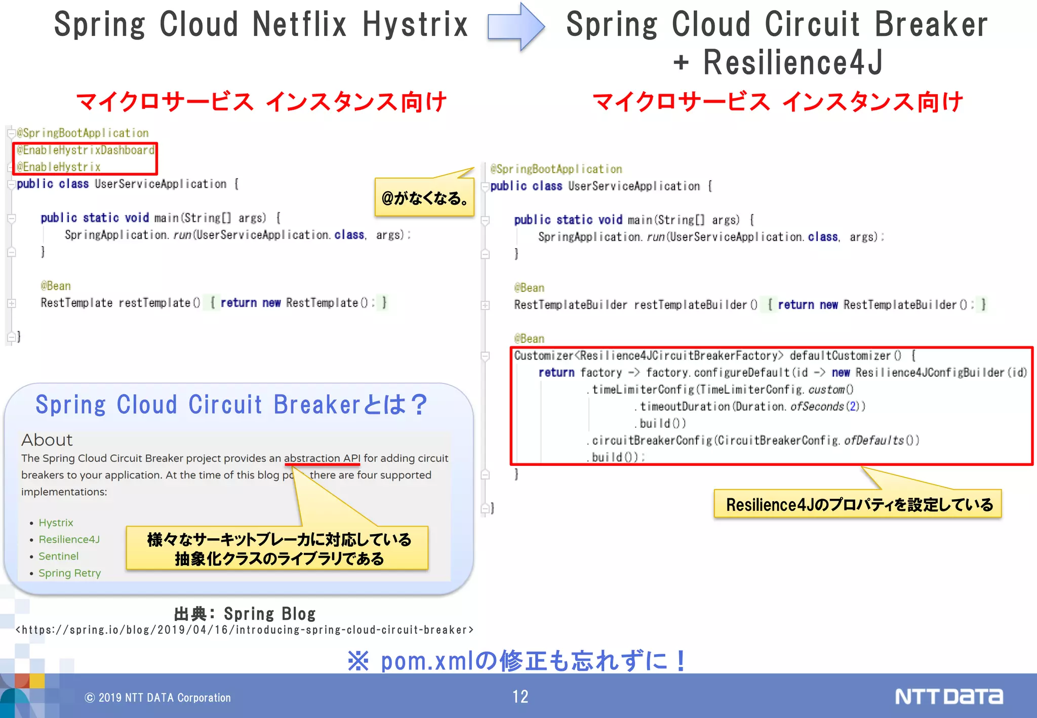 © 2019 NTT DATA Corporation 12
Spring Cloud Netflix Hystrix Spring Cloud Circuit Breaker
+ Resilience4J
マイクロサービス インスタンス向け マイクロサービス インスタンス向け
Resilience4Jのプロパティを設定している
※ pom.xmlの修正も忘れずに！
出典： Spring Blog
<https://spring.io/blog/2019/04/16/introducing -spring-cloud-circuit-breaker>
様々なサーキットブレーカに対応している
抽象化クラスのライブラリである
Spring Cloud Circuit Breakerとは？
@がなくなる。
 