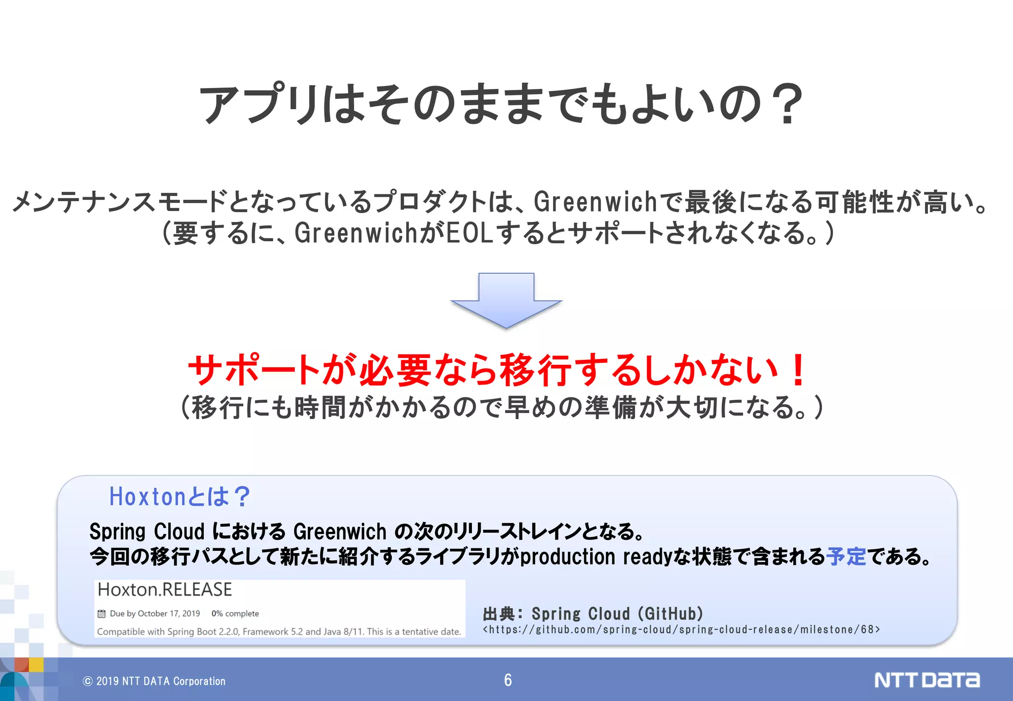 © 2019 NTT DATA Corporation 6
アプリはそのままでもよいの？
メンテナンスモードとなっているプロダクトは、Greenwichで最後になる可能性が高い。
(要するに、GreenwichがEOLするとサポートされなくなる。)
サポートが必要なら移行するしかない！
(移行にも時間がかかるので早めの準備が大切になる。)
Hoxtonとは？
Spring Cloud における Greenwich の次のリリーストレインとなる。
今回の移行パスとして新たに紹介するライブラリがproduction readyな状態で含まれる予定である。
出典： Spring Cloud (GitHub)
<https://github.com/spring-cloud/spring-cloud-release/milestone/68>
 