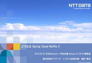 © 2019 NTT DATA Corporation
どうなる Spring Cloud Netflix !!
2019/6/24 日本Springユーザ会主催 Spring I/O 2019 報告会
株式会社NTTデータ システム技術本部 細井 貴史
 