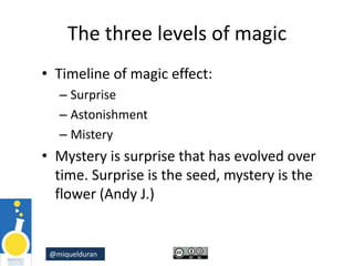 @miquelduran
The three levels of magic
• Timeline of magic effect:
– Surprise
– Astonishment
– Mistery
• Mystery is surprise that has evolved over
time. Surprise is the seed, mystery is the
flower (Andy J.)
 