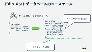 © 2018, Amazon Web Services, Inc. or its Affiliates. All rights reserved.
ドキュメントデータベースのユースケース
ゲームのユーザプロフィール
{
id: 181276,
username: "sue1942",
name: {first: "Susan",
last: "Benoit"}
}
{
id: 181276,
username: "sue1942",
name: {first: "Susan",
last: "Benoit"},
ExplodingAcorns: {
hi_score: 3185400,
global_rank: 5139,
bonus_levels: true
},
promotions: ["new user","5%",”acorn lover"]
}
トロフィーを追加
スコアやランクを追加
 