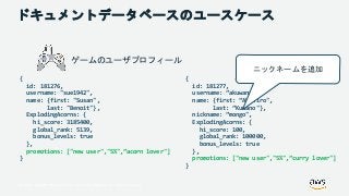 © 2018, Amazon Web Services, Inc. or its Affiliates. All rights reserved.
ドキュメントデータベースのユースケース
ゲームのユーザプロフィール
{
id: 181276,
username: "sue1942",
name: {first: "Susan",
last: "Benoit"},
ExplodingAcorns: {
hi_score: 3185400,
global_rank: 5139,
bonus_levels: true
},
promotions: ["new user","5%",”acorn lover"]
}
{
id: 181277,
username: ”akuwano",
name: {first: ”Akihiro",
last: ”Kuwano"},
nickname: ”mongo",
ExplodingAcorns: {
hi_score: 100,
global_rank: 100000,
bonus_levels: true
},
promotions: ["new user","5%",”curry lover"]
}
ニックネームを追加
 