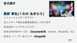 © 2018, Amazon Web Services, Inc. or its Affiliates. All rights reserved.
自己紹介
桑野 章弘(くわの あきひろ)
ソリューションアーキテクト
主にメディア系のお客様を担当しております
元渋谷のインフラエンジニア
好きなAWSのサービス：DocumentDB、Aurora、Route53、S3
好きな（？）データストア：MongoDB
 