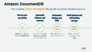 © 2018, Amazon Web Services, Inc. or its Affiliates. All rights reserved.
Pay-as-you-
go pricing
Automated
Backup and
PITR
Fault tolerant and
self-healing
storage
S3へのストリー
ムバックアップ
3AZ、6 コピー
によるデータ
冗長
リードレプリカの
昇格による自動
フェイルオーバ
Automatic
failover and
recovery
必要な分、使った
分だけの課金体系
Fast, scalable, fully managed MongoDB-compatible database service
Amazon DocumentDB
 