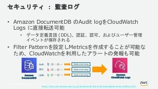 © 2018, Amazon Web Services, Inc. or its Affiliates. All rights reserved.
セキュリティ ： 監査ログ
• Amazon DocumentDB のAudit logをCloudWatch
Logs に直接転送可能
• データ定義言語 (DDL)、認証、認可、およびユーザー管理
イベントが保存される
• Filter Patternを設定しMetricsを作成することが可能な
ため、CloudWatchを利用したアラートの発報も可能
DDL
UME
Auth Create event string
Create event string
Create event string Amazon
CloudWatch Logs
Amazon
DocumentDB
https://docs.aws.amazon.com/ja_jp/documentdb/latest/developerguide/event-auditing.html
 
