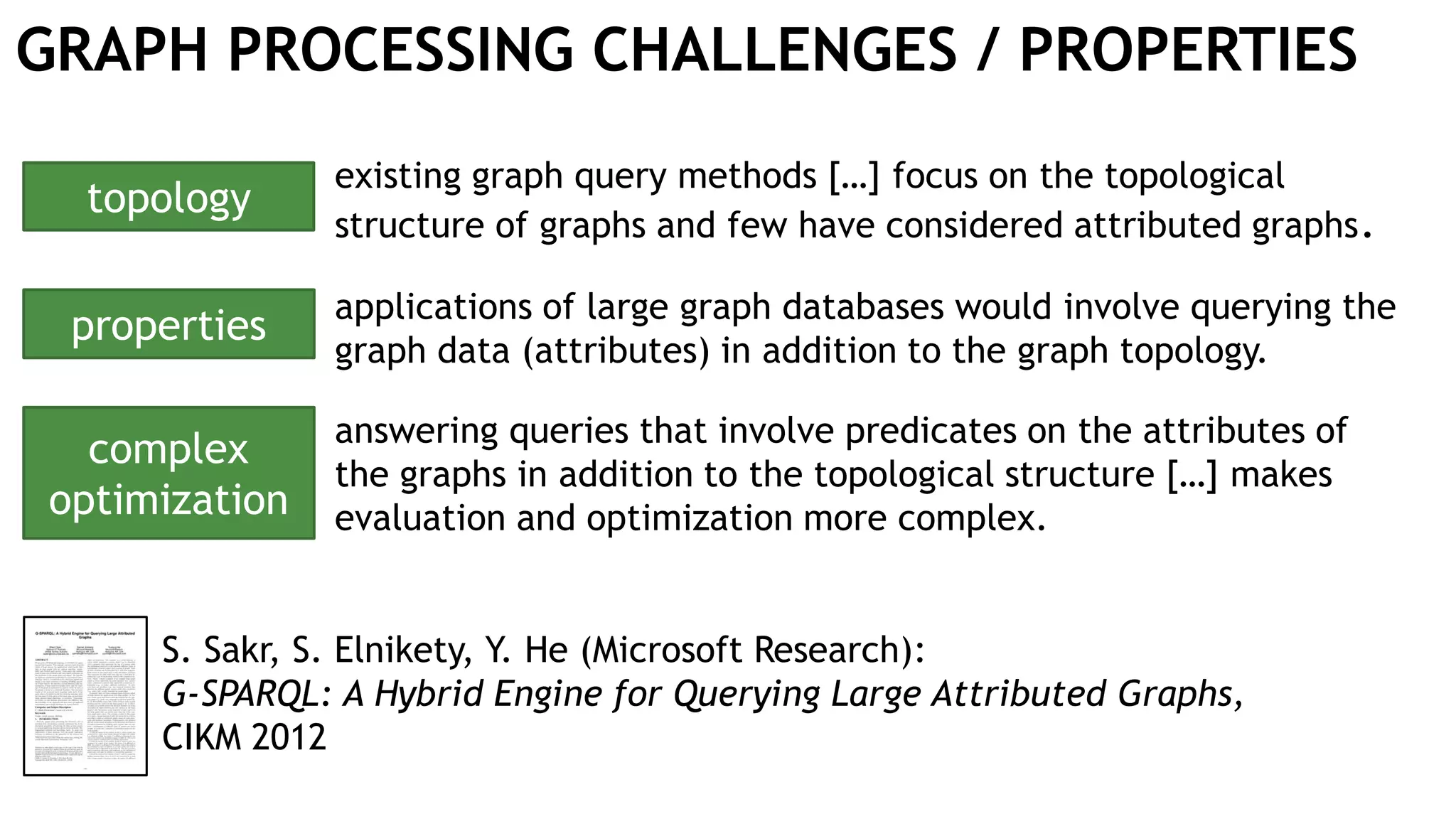 GRAPH PROCESSING CHALLENGES / PROPERTIES
existing graph query methods […] focus on the topological
structure of graphs and few have considered attributed graphs.
applications of large graph databases would involve querying the
graph data (attributes) in addition to the graph topology.
answering queries that involve predicates on the attributes of
the graphs in addition to the topological structure […] makes
evaluation and optimization more complex.
S. Sakr, S. Elnikety, Y. He (Microsoft Research):
G-SPARQL: A Hybrid Engine for Querying Large Attributed Graphs,
CIKM 2012
topology
properties
complex
optimization
 
