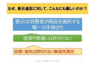 11
表示は消費者が商品を選択する
唯一の手掛かり
故意・過失は問われない無過失責任
虚偽や間違いは許されない虚偽や間違いは許されない
なぜ、表示違反に対して、こんなにも厳しいのか？
 