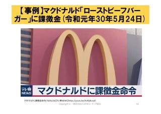 14
【事例】マクドナルド「ローストビーフバー
ガー」に課徴金(令和元年30年5月24日)
マクドナルドに課徴金命令(19/05/24)【テレ東NEWS】https://youtu.be/JFzf0zBunz0
 