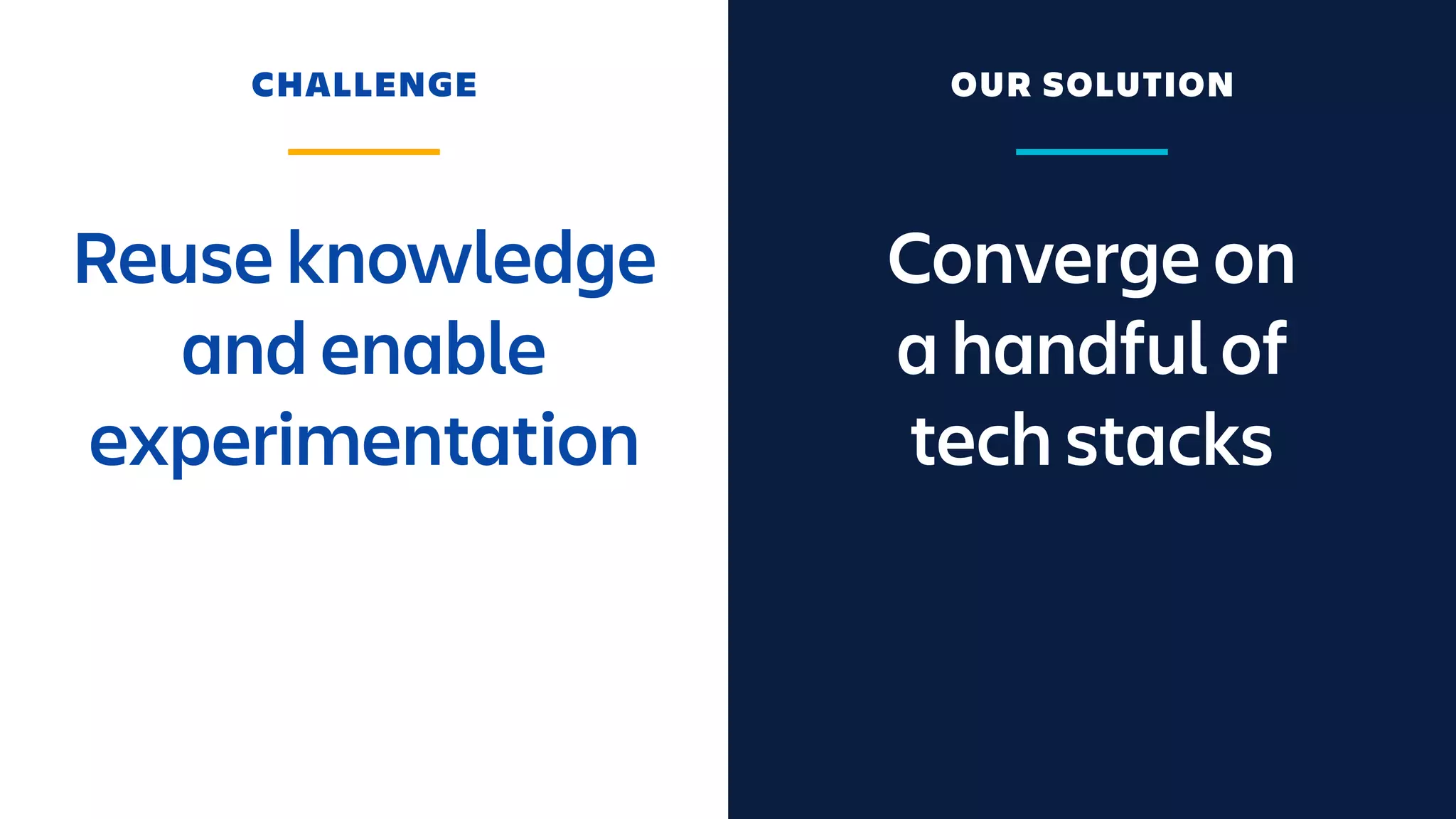 Converge on 
a handful of
tech stacks
Reuse knowledge
and enable
experimentation
CHALLENGE OUR SOLUTION
 