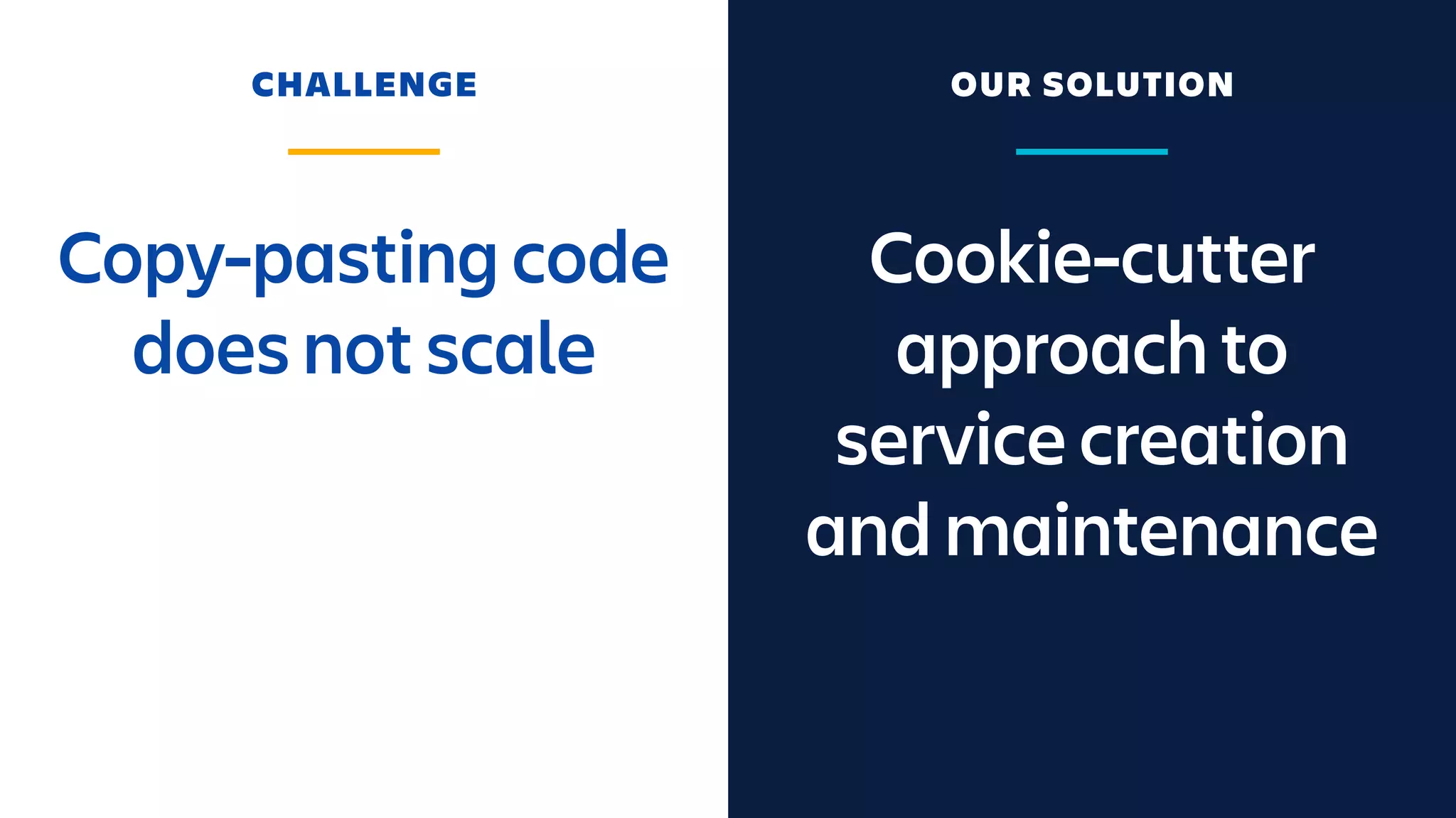 Cookie-cutter
approach to
service creation
and maintenance
CHALLENGE OUR SOLUTION
Copy-pasting code
does not scale
 