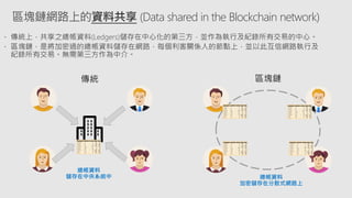 區塊鏈網路上的資料共享 (Data shared in the Blockchain network)
傳統
總帳資料
儲存在中央系統中
區塊鏈
總帳資料
加密儲存在分散式網路上
 