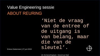 Value Engineering sessie
Entree Zoetermeer | 27 juni 2019
‘Niet de vraag
van de entree of
de uitgang is
van belang, maar
die van de
sleutel’.
Uit: De Gerechtsplaats – Gerard van Heel
ABOUT REURING
 