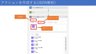 アクションを作成する(JSON解析)
①検索
②クリック
③クリック
 
