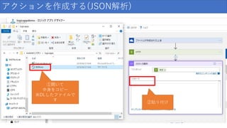 アクションを作成する(JSON解析)
①開いて
中身をコピー
※DLしたファイルで
す
②貼り付け
 