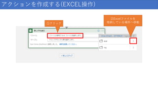 アクションを作成する(EXCEL操作)
①クリック
②Excelファイルを
格納している場所へ移動
 