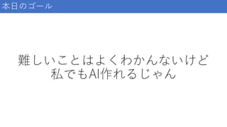 難しいことはよくわかんないけど
私でもAI作れるじゃん
本日のゴール
 