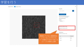 学習を行う
閾値を下げると複数検出
していることがわかる
⇒一定値以下は切り捨てる
といった判断も必要
 