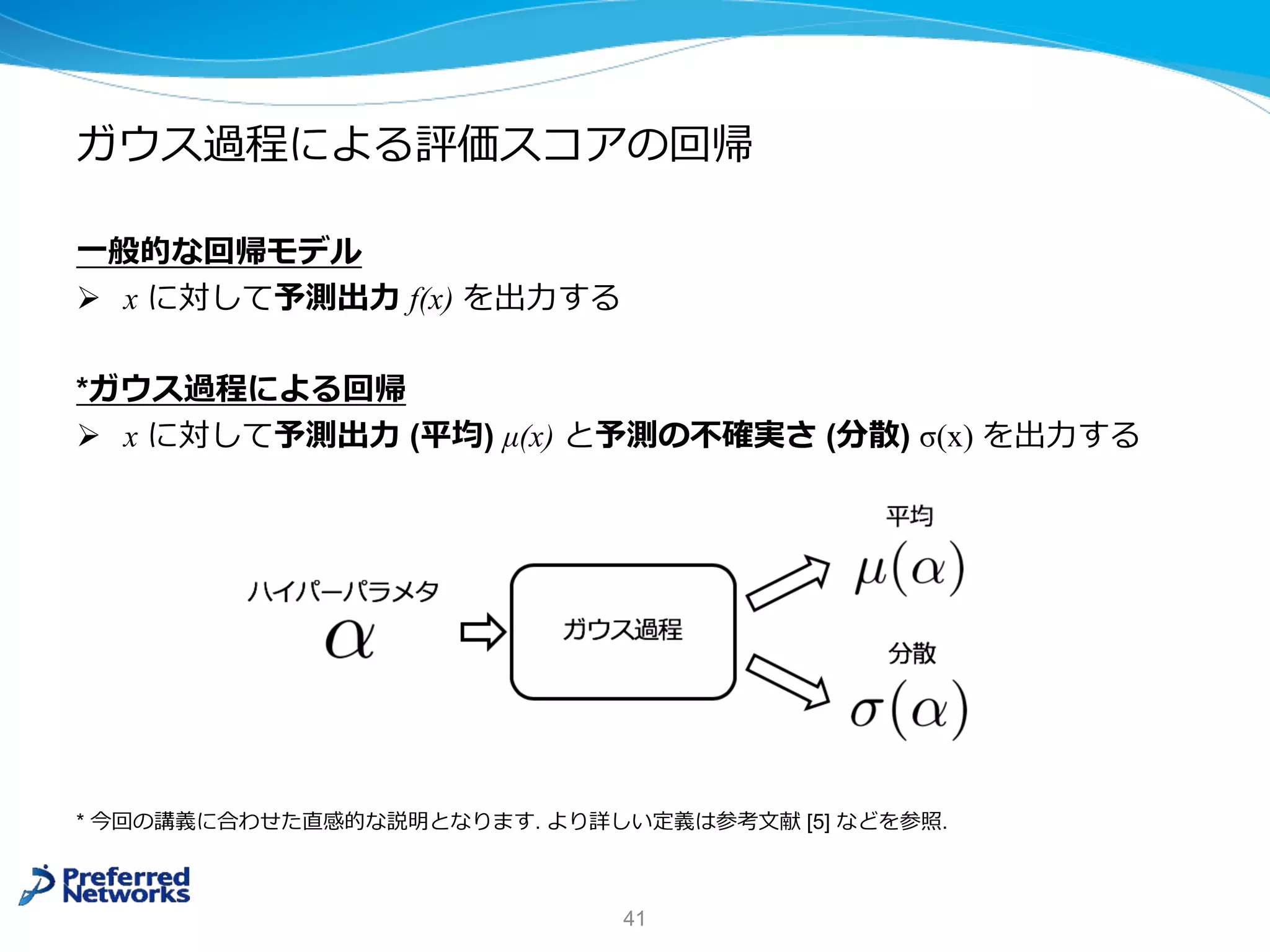 ガウス過程による評価スコアの回帰
⼀般的な回帰モデル
Ø x に対して予測出⼒ f(x) を出⼒する
*ガウス過程による回帰
Ø x に対して予測出⼒ (平均) μ(x) と予測の不確実さ (分散) σ(x) を出⼒する
* 今回の講義に合わせた直感的な説明となります. より詳しい定義は参考⽂献 [5] などを参照.
41
 