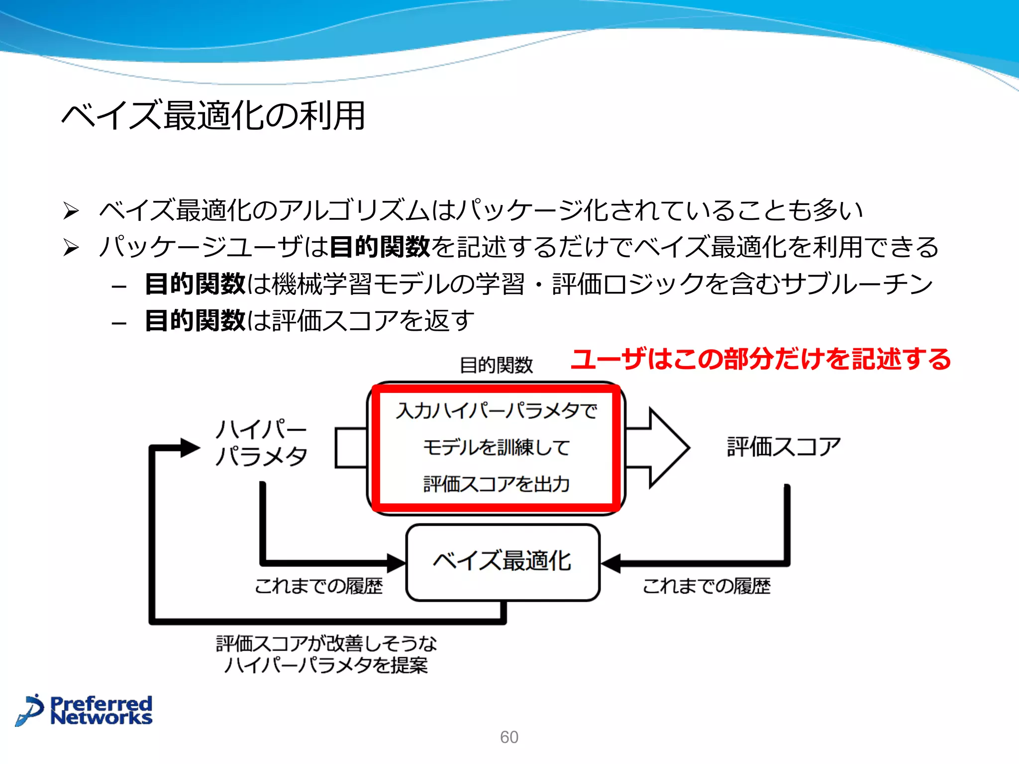 ベイズ最適化の利⽤
Ø ベイズ最適化のアルゴリズムはパッケージ化されていることも多い
Ø パッケージユーザは⽬的関数を記述するだけでベイズ最適化を利⽤できる
– ⽬的関数は機械学習モデルの学習・評価ロジックを含むサブルーチン
– ⽬的関数は評価スコアを返す
60
ユーザはこの部分だけを記述する
 