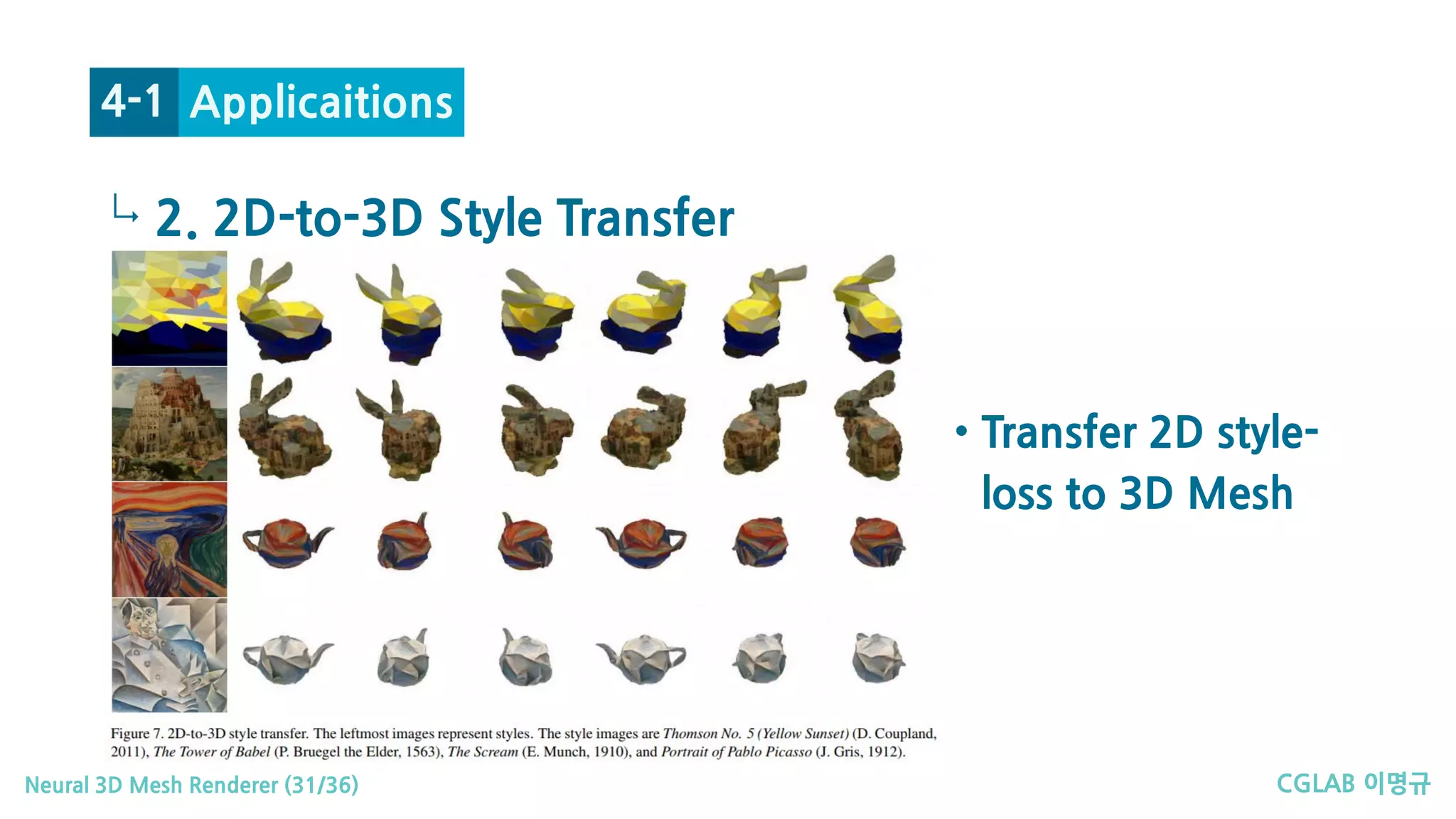 CGLAB 이명규Neural 3D Mesh Renderer (31/36)
↳
Applicaitions4-1
2. 2D-to-3D Style Transfer
• Transfer 2D style-
loss to 3D Mesh
 