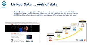 Linked Data: A way for publishing data on the web (with focus upon open web standards and
re-usability). Data is stored as...