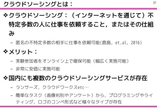 饦ɥ`󥰤Ȥϣ
?饦ɥ`󥰣󥿩`ͥåȤͨƣ
ضˤ¤m뤳ȣޤϤ˽M

C βض֤¤m(¹uet.al, 2016)
?åȣ
C gYμߤ򥪥饤ϤǴ_ܣڤgʩܣ
C ǳ˰ˌgʩ
?ڤˤ}Υ饦ɥ`󥰥`ӥ
C 󥵩`饦ɥ`etc
C gʥЄe䥢󥱩`ȣ飬ץߥ󥰤饤
ƥ󥰣Υʽʤɘʥפ
!37
 