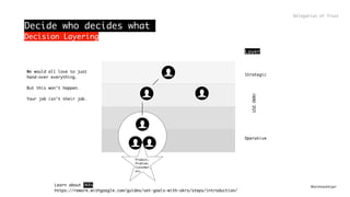 @andreasklingerLearn about OKRs
https://rework.withgoogle.com/guides/set-goals-with-okrs/steps/introduction/
Product,
Problem,
Customer,
etc
Layer
Strategic
Operative
USEOKRr
Decide who decides what
Decision Layering
Delegation of Trust
We would all love to just
hand-over everything.
But this won’t happen.
Your job isn’t their job.
 
