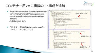 18
 https://docs.microsoft.com/en-us/windows-
server/networking/sdn/manage/connect-
container-endpoints-to-a-tenant-virtu...