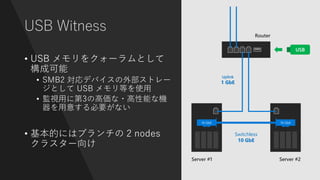 USB Witness
• USB メモリをクォーラムとして
構成可能
• SMB2 対応デバイスの外部ストレー
ジとして USB メモリ等を使用
• 監視用に第3の高価な・高性能な機
器を用意する必要がない
• 基本的にはブランチの 2 nodes
クラスター向け
USB
Router
Server #2Server #1
Uplink
1 GbE
10 GbE
Switchless
10 GbE
10 GbE
 