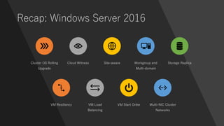 Recap: Windows Server 2016
Cluster OS Rolling
Upgrade
Cloud Witness Site-aware Workgroup and
Multi-domain
Storage Replica
VM Resiliency VM Load
Balancing
VM Start Order Multi-NIC Cluster
Networks
 