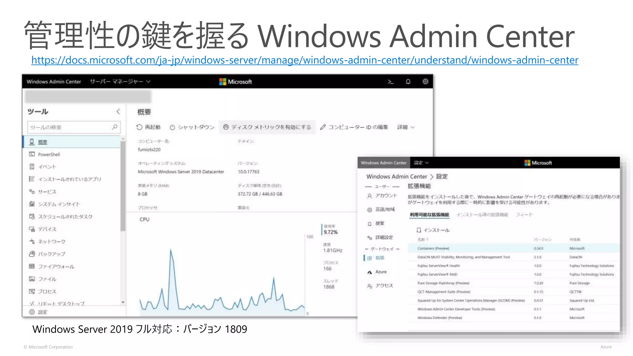 © Microsoft Corporation
管理性の鍵を握る Windows Admin Center
https://docs.microsoft.com/ja-jp/windows-server/manage/windows-admin-center/understand/windows-admin-center
Windows Server 2019 フル対応：バージョン 1809
 