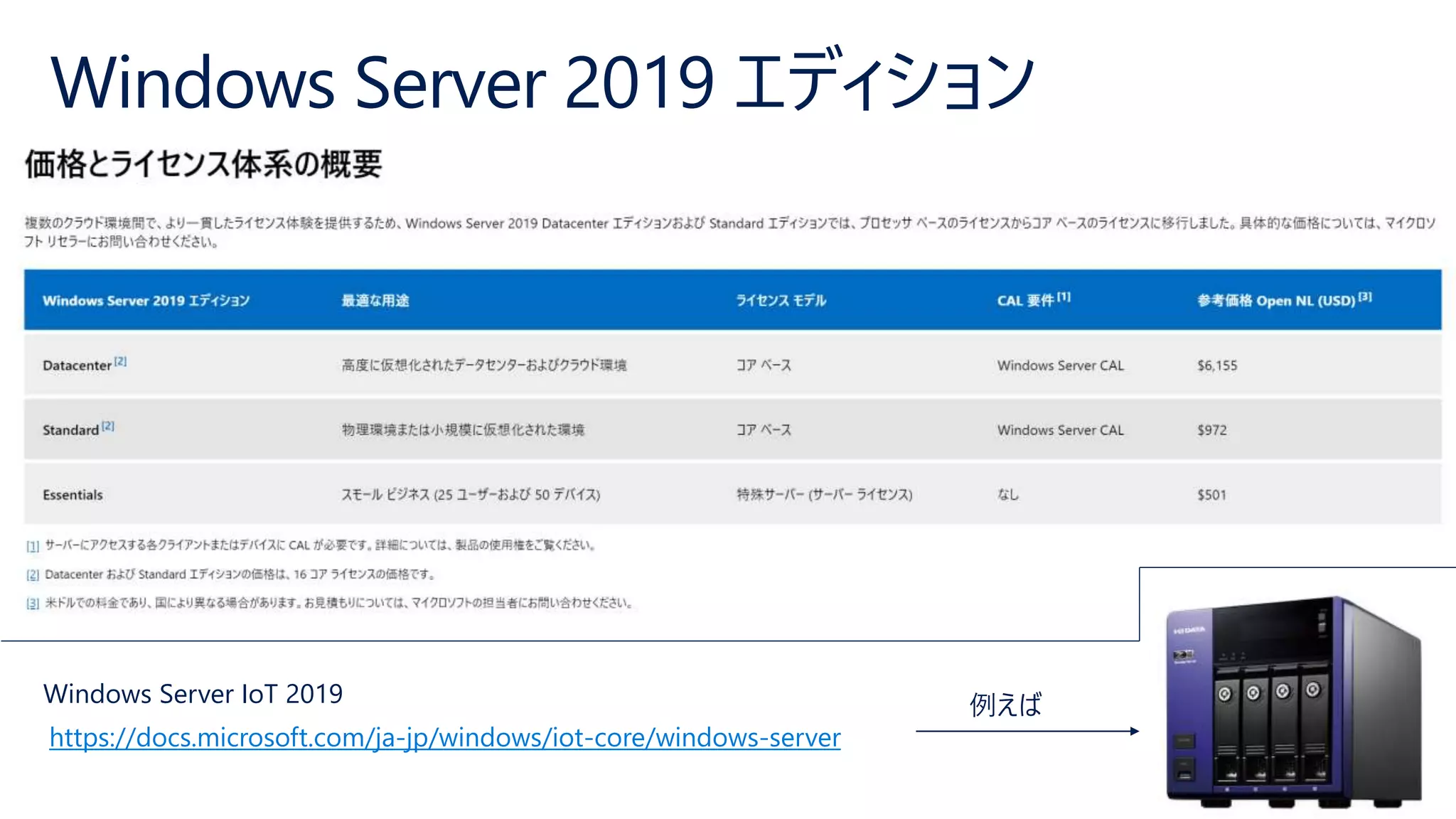 Windows Server 2019 エディション
Windows Server IoT 2019
https://docs.microsoft.com/ja-jp/windows/iot-core/windows-server
 