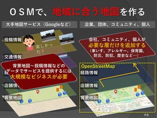 ＯＳＭで、地域に合う地図を作る
店舗情報
背景地図
店舗情報
背景地図
経路情報
交通情報
投稿情報
経路情報
大手地図サービス（Googleなど） 企業、団体、コミュニティ、個人
会社、コミュニティ、個人が
必要な層だけを追加する
（車いす、アレルギー、保育園、
防災、防犯、歴史など…）
OpenStreetMap背景地図～投稿情報などの
データでサービスを提供するには
大規模なビジネスが必要
P.9
 